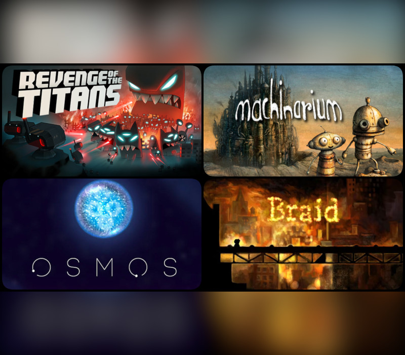 Braid + Machinarium + Osmos + Revenge of The Titans PC Steam CD Key Logo