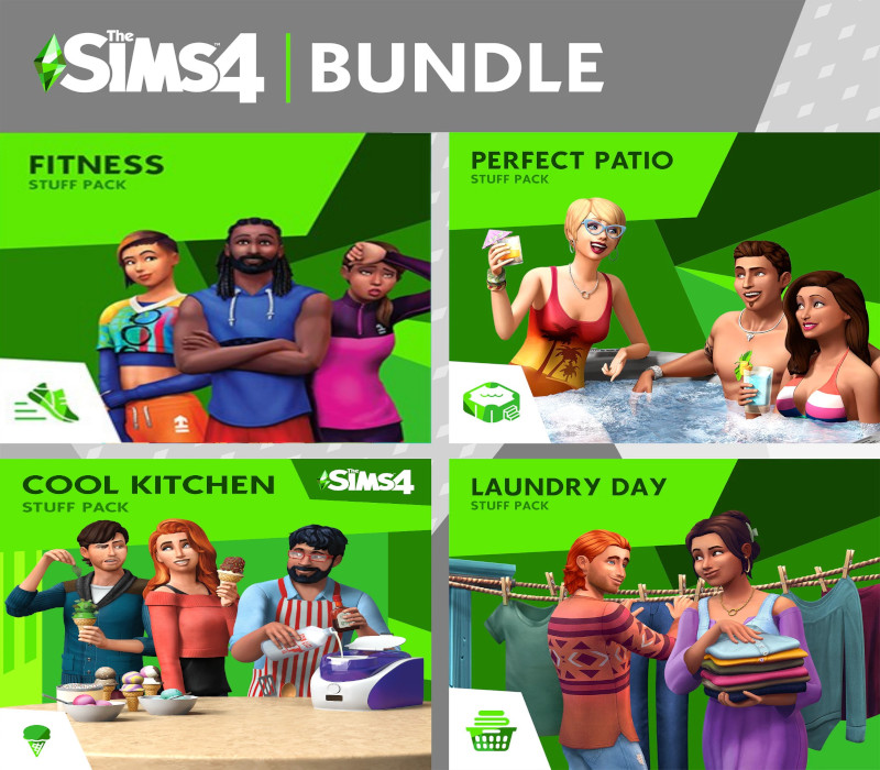 The Sims 4 - Fitness + Cool Kitchen + Laundry Day + Perfect Patio Stuff DLC Bundle PC EA App CD Key Logo