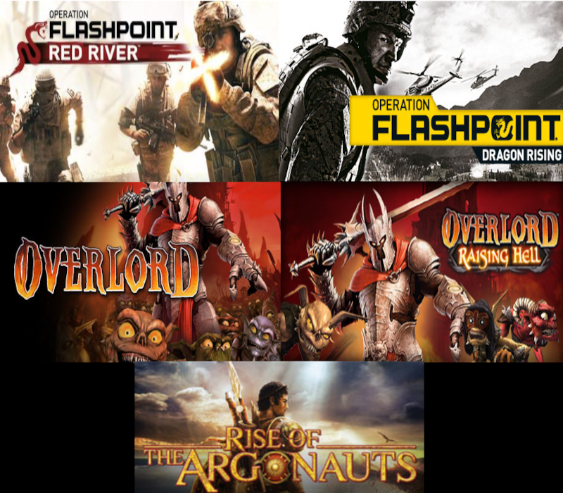 Operation Flashpoint: Red River + Operation Flashpoint: Dragon Rising + Rise of the Argonauts + Overlord + Overlord: Raising Hell Bundle Steam CD Key Logo